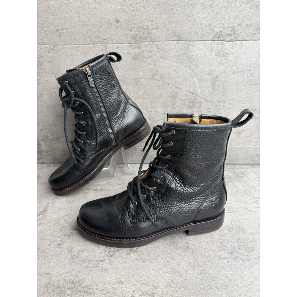 $350 FRYE Women’s Discontinued Lace Up Combat Black Leather Ankle Boots Size 6B - Picture 2 of 8